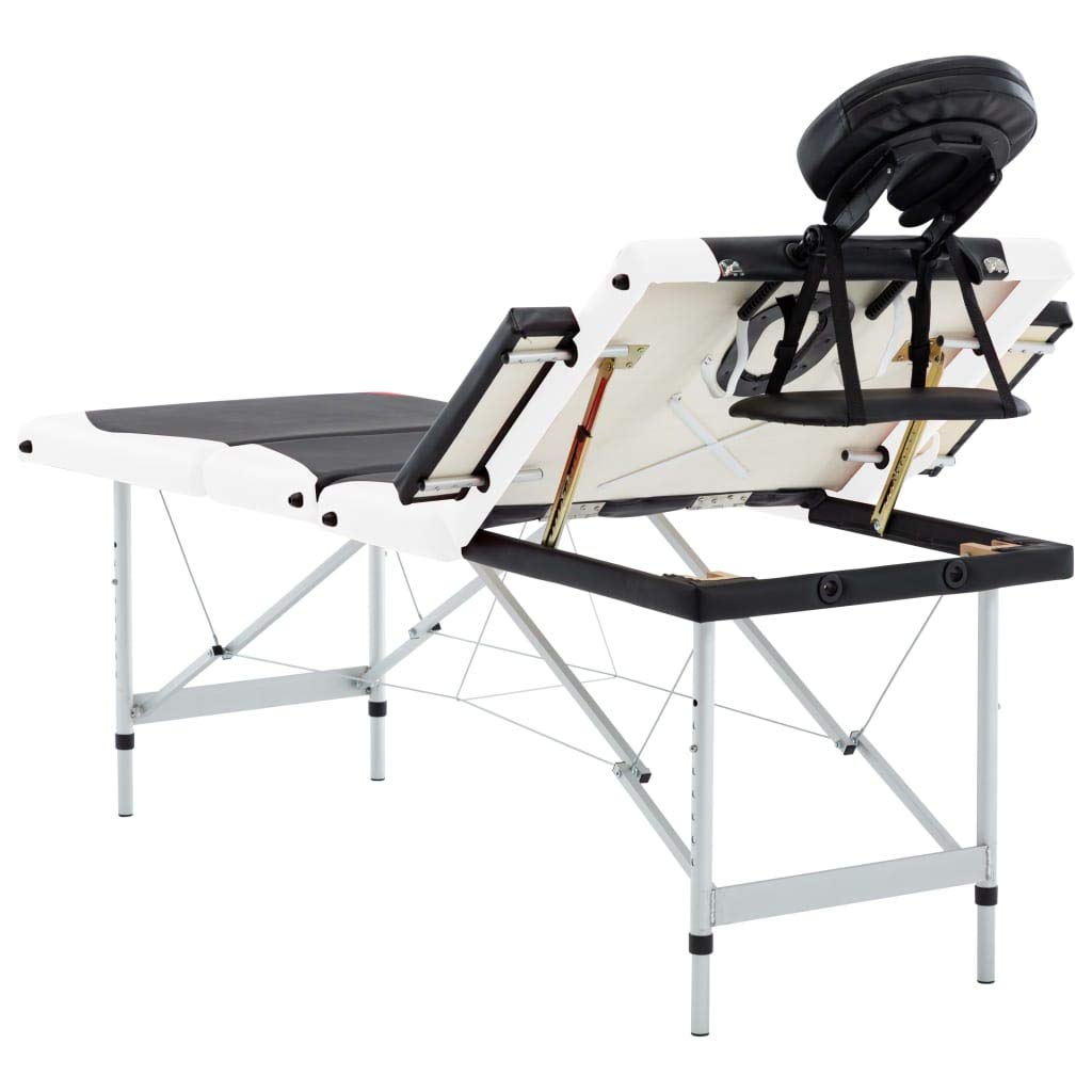 Massageliege klappbar 4-Zonen Aluminiumgestell schwarz und weiß mit höhenverstellbarer Kopfstütze Armlehne und Dicker Polsterung für Praxis Studio Spa und Mobile Physiotherapie