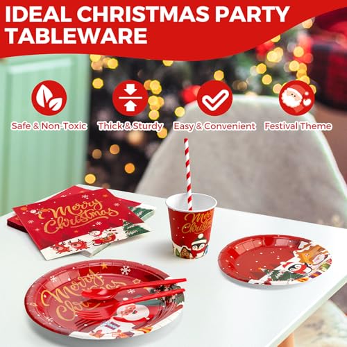 Christmas Paper Plates and Napkins, Christmas Party Supplies Disposable Dinnerware Set, Includes Heavy Duty Paper Plates, Napkins, Cups, Tablecloth, Cutlery and Banner for Xmas Decorations, Serve 20 – Image 4