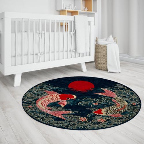 UERWOWELL Alfombras Circulares Rojas y Azules 120cm Estampado pez koi Estilo japonés moqueta Redonda Pelo bajo y estética Oriental Tradicional decoración Antideslizante
