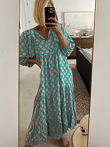 Miduo Womens Dresses Fashion Summer V Neck Half Sleeve Bohemian Floral Pattern Maxi Long Dresses Boho Flowy Dresses Green S thumb #7