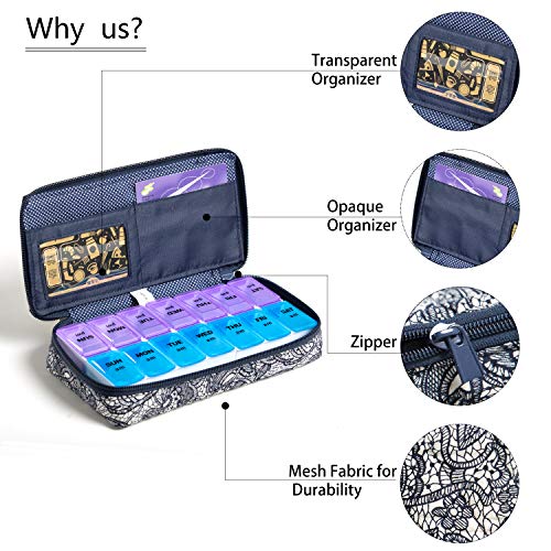 Image of Weekly Pill Organizer 2 Times a Day, Zumd Pill Box 7 Day with Cute Quilted Fabric Zipper Case, Travel Pill Case Am Pm for Vitamin Medicine Organizer
