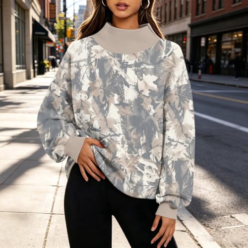 Women Mock Neck Sweatshirt Maple Leaf Print Ribbed Cuffs Side Slit Clothing - image 3