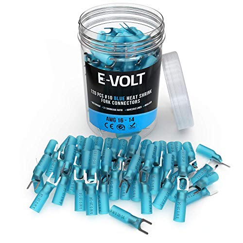 E-VOLT Heat Shrink Fork Connectors – 120 PC, Size #10 Blue Adhesive Lined