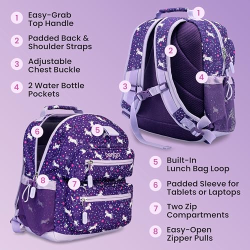 Image of Bentgo Kids Backpack - Lightweight 14 inch Backpack in Fun Prints for School, Travel, & Daycare, Ideal for Ages 4+, Roomy Interior, Durable & Water-Resistant Fabric, & Loop for Lunch Bag (Unicorn)