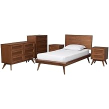 Baxton Studio Melora Mid-Century Modern Walnut Brown Finished Wood and Rattan Twin Size 5-Piece Bedroom Set