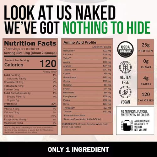 Image of NAKED nutrition Rice - Organic Brown Rice Protein Powder - Vegan Protein Powder - 5Lb Bulk, Gmo Free, Gluten Free & Soy Free. Plant-Based Protein, No Artificial Ingredients - 76 Servings