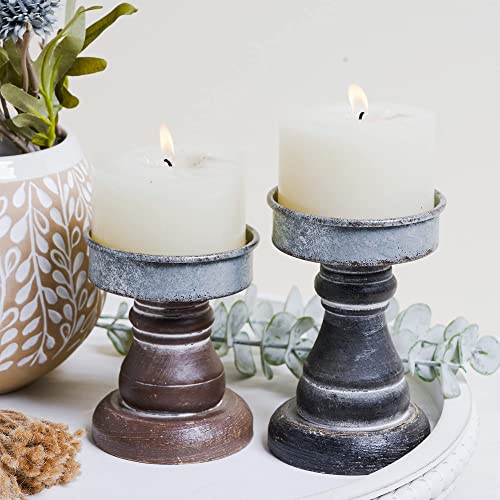 Genmous&Co. Decorative Candle Holders Pedestal Rustic Wood For Pillar Candle Farmhouse Candlestick Holder Galvanized Plate For Mantel, Dining Table, Centerpiece,Coffee Bar,Set Of 2（Brown Black #TOP1
