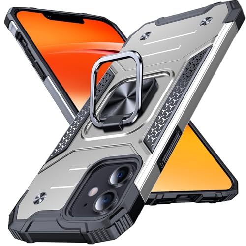 Image of Anqrp Heavy Duty Case for iPhone 12 Mini Case with Enhanced Ring Holder Grip Stand, Military Grade Shockproof Rugged Drop Protective Silicone Hard Slim iPhone 12 Mini Phone Case Cover,Silver