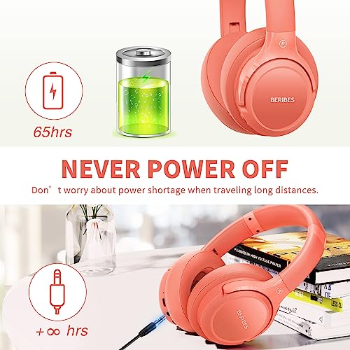 Image of Bluetooth Headphones Over Ear,BERIBES 65H Playtime and 6 EQ Music Modes Wireless Headphones with Microphone,HiFi Stereo Foldable Lightweight Headset, Deep Bass for Home Office Outdoors Etc(Orange Red)