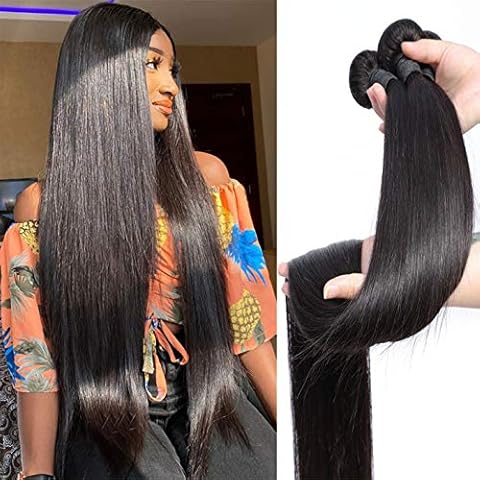 F_noble Hair 3pcs/lot Brazilian Straight Bundles 10A Grade 100% Unprocessed Virgin 3 bundles Long Straight Human Hair Remy Weave Extensions Natural Color (40 40 40, Natural Color) Cover