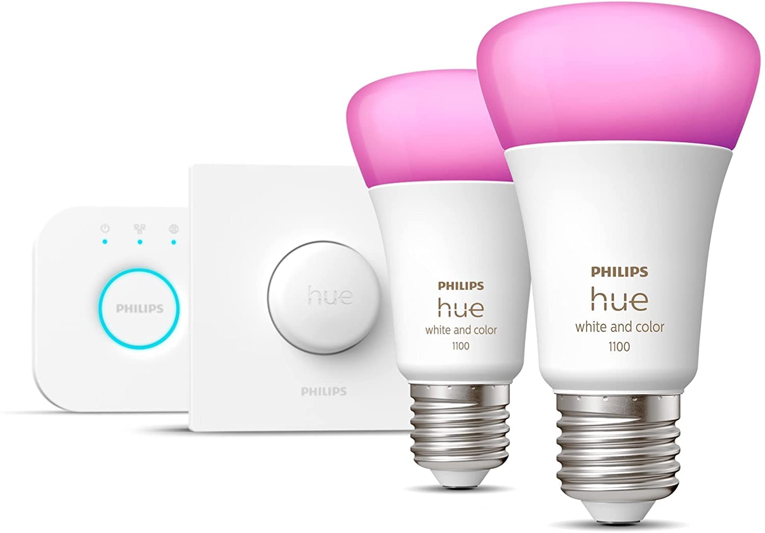 Philips Hue White and Color Ambiance, Kit de démarrage 2 ampoules connectées E27, 1100 lm, Pont et télécommande, compatible Bluetooth, fonctionne avec Alexa, Google Assistant et Apple Homekit