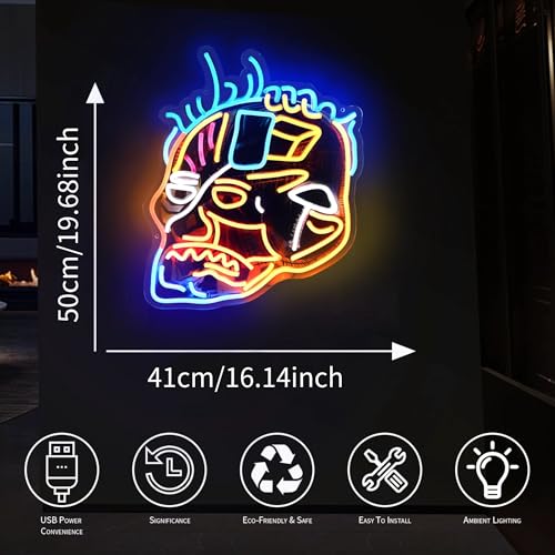 Image of Skull Neon Sign for Wall Decor, Pop Art Neon Light, Adjustable Brightness, Aesthetic Wall Art for Gaming Room, Halloween Party, Man Cave, 16.1' x 19.6''