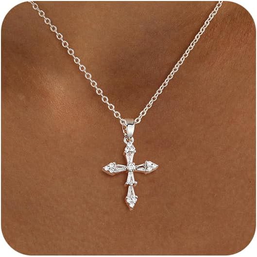 LEXODY Cross Necklace for Women, 14K Gold Silver Plated Dainty Small Cubic Zirconia Cross Pendant Necklace Simple Trendy Gold Diamond Choker Faith Jewelry Religious Minimalist Gift