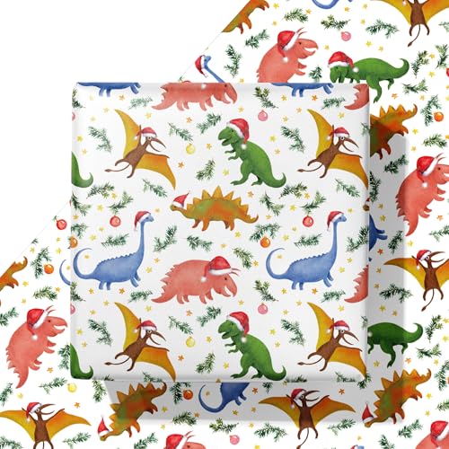 WAPLIGHAL Christmas Dinosaur Wrapping Paper - Colorful Dino Gift Wrap with Santa Hats Holly and Snowflakes on a White Background - 28 x 40 Inches - Perfect for Kids Adults and Holiday Fun
