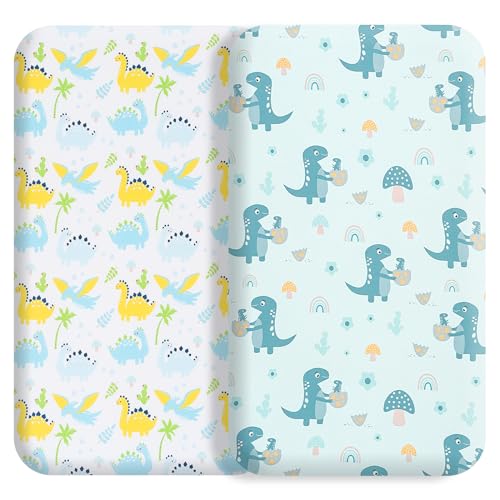 Image of Bassinet Bed Sheet Set 2 Pcs Fits Rectangle Oval Halo Hourglass Mattress Stretchy Bassinet Bed Sheet Soft and Comfy (Dinodo)