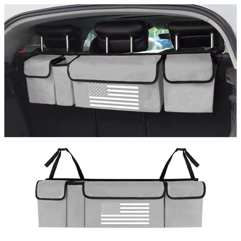 Trunk Organizer for Car,Unique US Flag Backseat Car Organizer with 4 Large Capacity Pocket,Waterproof Car Trunk Storage Organizer Hanging on Car Truck SUV MPV Rear Seat (Light Gray)