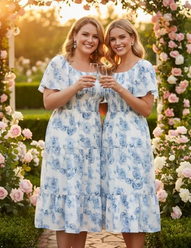 Image of Bbonlinedress Womens Casual Floral Summer Smocked Beach Party Boho Midi Square Neck Dress