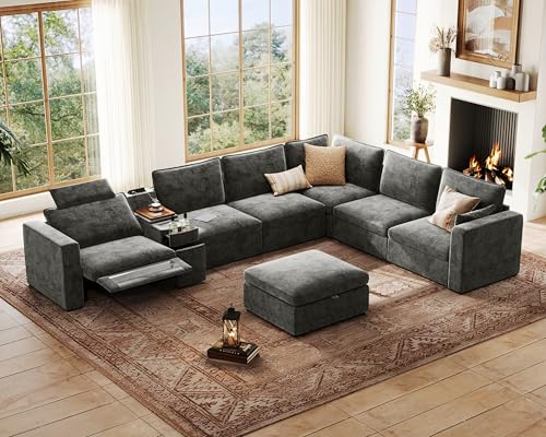 Image of 169.7 inch Oversized Modular Power Recliner Sofa with Headrest, Wall Hugger Cloud Reclining Couch, Drawer Charging Cup Holders, Deep 7-Seater Sectional with Corner and Storage Ottoman, Chenille, Grey