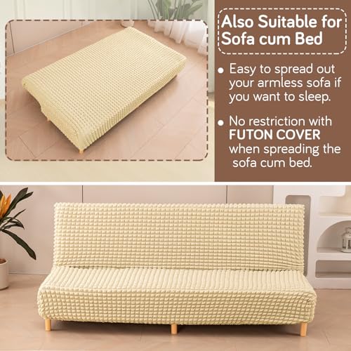 Image of HOKIPO 280 GSM Armless Sofa Cover for Sofa Cum Bed, Stretchable Elastic Futon Slipcover - 'Aria Nova' Large, Beige (AR-6703-BGE)