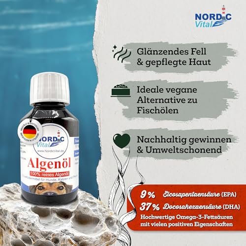 NordicVital Premium Algenöl 100ml für Hunde, Katzen & Pferde – 100% Vegan - Hochkonzentriertes Omega 3, EPA & DHA - Natürliches Barf Öl aus Algen für Fell & Haut – Abgefüllt in Deutschland