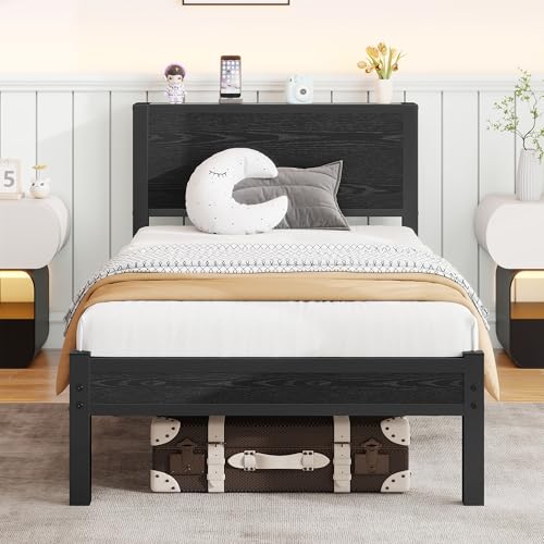 Cama Individual Metálica con Cabecero con Almacenaje y Plataforma Silenciosa, Cama con Somier de Metal Resistente, Estructura sin Box Spring para Dormitorio y Habitación Juvenil, Negro, 90 x 200 cm