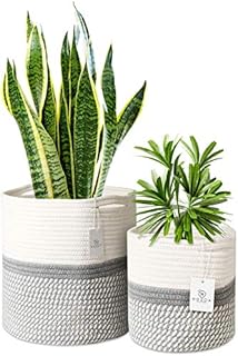 NOSOA Set of 2 Jute Rope Plant Baskets for Indoor Potted Plants, Woven Storage Basket Grey and White, Large 28cm x 28cm and Small 20cm x 19cm