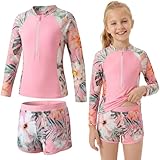 Baogaier Traje de Baño Niña 2 Piezas Manga Larga Protección Solar, Estampado Top con Cremallera y Shorts Secado Rápido, Bañador Suaves Rash Guard Playa Piscina para 9-10 Años, Rosa