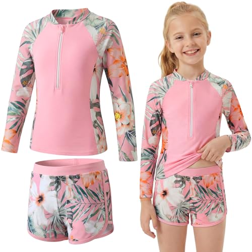 Baogaier Traje de Baño Niña 2 Piezas Manga Larga Protección Solar, Estampado Top con Cremallera y Shorts Secado Rápido, Bañador Suaves Rash Guard Playa Piscina para 11-12 Años, Rosa