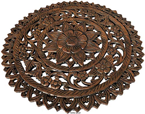 Medallion Tropical Bali Floral Wood Carved Wall Art Plaque. Round Lotus Flower Rustic Home Decor. 24" (Brown) #TOP2