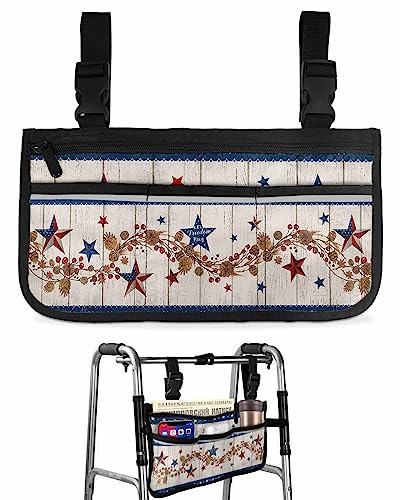 4th of July Wheelchair Side Bag Walker Bag, Country Star Independence Day Blue Wheelchair Accessories Armrest Pouch, Organizer Storage Bag for Walkers, Rollators, Scooters, 7.3''x13''