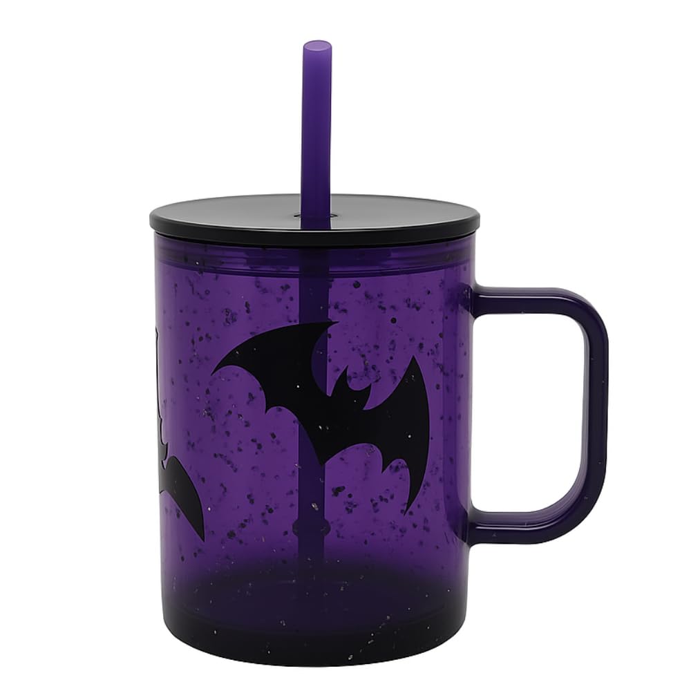 20oz Purple Glitter Acrylic Bat Mug with Lid Straw Shatterproof Drinkware for Cold Hot Beverages Travel-Friendly Reusable Leak-Resistant