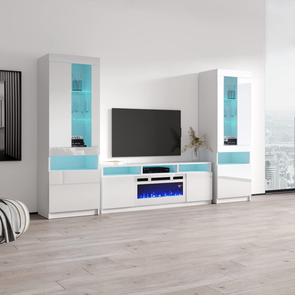 Meble Furniture Reno WH05 Electric Fireplace Entertainment Center — Komi Bookcase Storage — Modern TV Stand with 16-Color LED Lights, 70.5" W x 16.5" D x 55.5" H — White