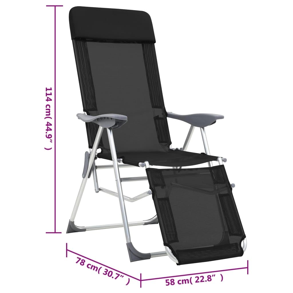 Klappbare Liegestühle mit Fußteil 2 STK. Schwarz Textilene, Verstellbare Campingliegen für Outdoor, Langlebige Aluminium Konstruktion und Atmungsaktives Gewebe