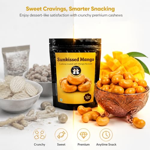 Image of DRIYOZ Sunkissed Mango Cashews 250g | Premium Crunchy Kaju Coated with Sweet & Tangy Mango Flavour Granules | Tropical Fruity Nut Snack for Gifting, Travel & Parties