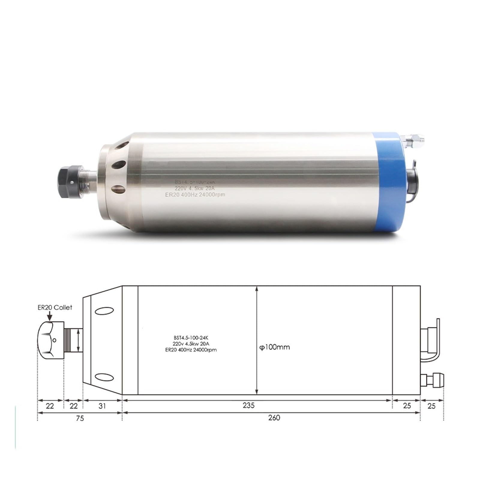KACOME 4.5KW ER20 D100mm Water Cooled 380v 220v 400Hz CNC Spindle Motor Ceramic Bearing CNC Router Machine(380V)