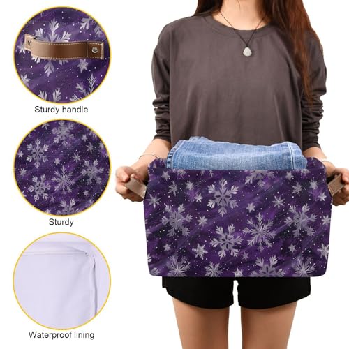 Image of Wamika Winter Snowflake Storage Basket with Waterproof Liner and PU Handles Christmas Purple Xmas Storage Bins Boxes 14.2 inch Collapsible Decorative Organizer Baskets for Bedroom Closet Office 1 Pack