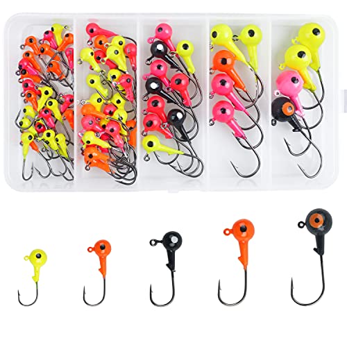 Angelköder-Set - 69 Stück Bleikopf-Jigs mit doppelten 3D-Augen, scharfe Angelhaken, Kugelkopf, Jigköder für Barsch und Forelle Cover
