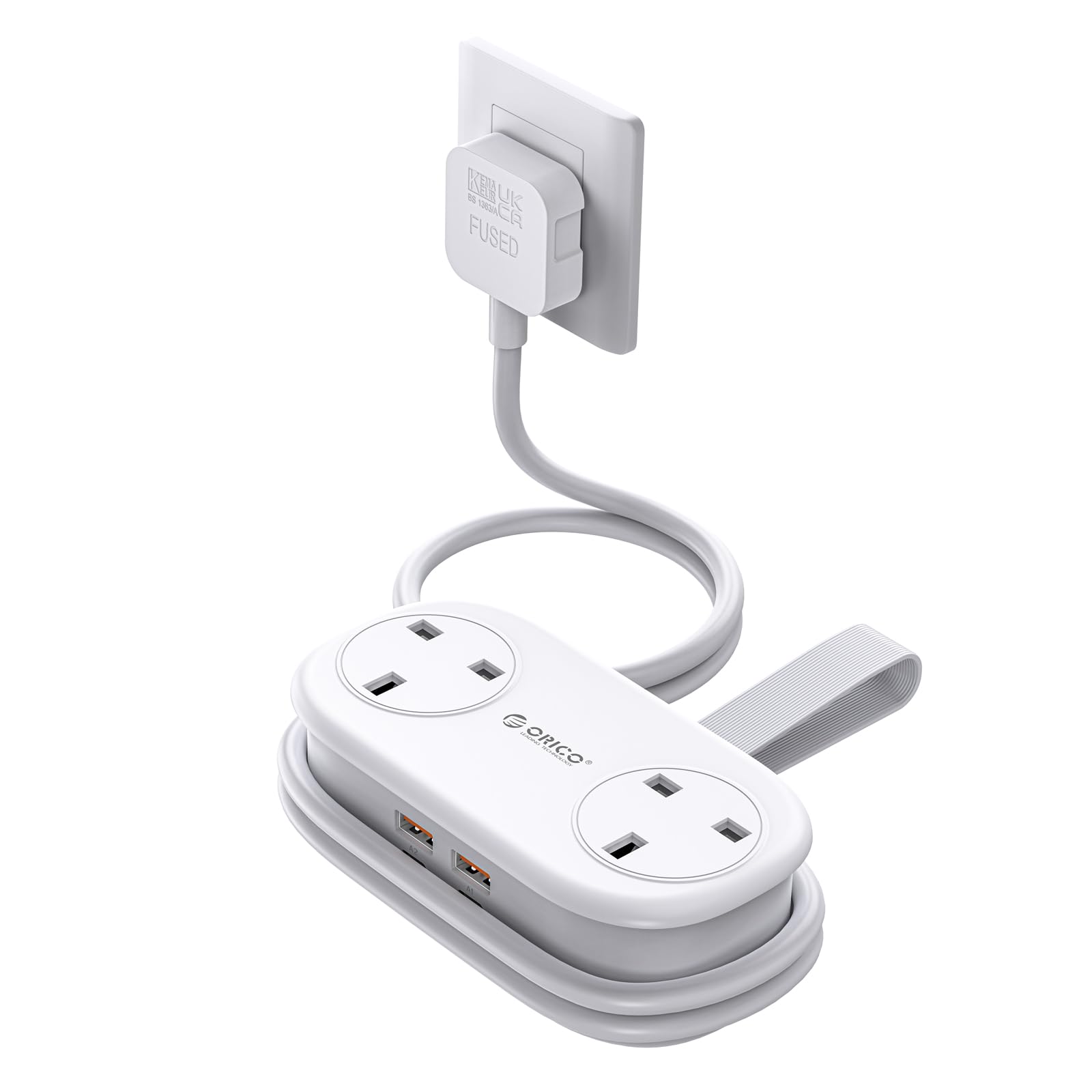 ORICO 65W GaN Travel Extension Lead with USB Slots (2 USB-A/2 USB-C), Flat Plug Power Strip with 2 Way Plug Extension Socket and 1.6M Extension Cord, Fast Charger for MacBook/iPad/iPhone - White