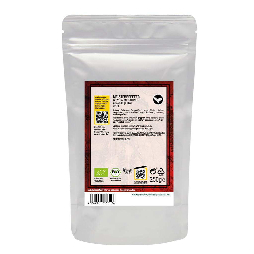 Azafran BIO Meisterpfeffer, edle bunte 7 Pfeffermischung (Pfeffer Mix aus schwarz, grün, rot) 1kg
