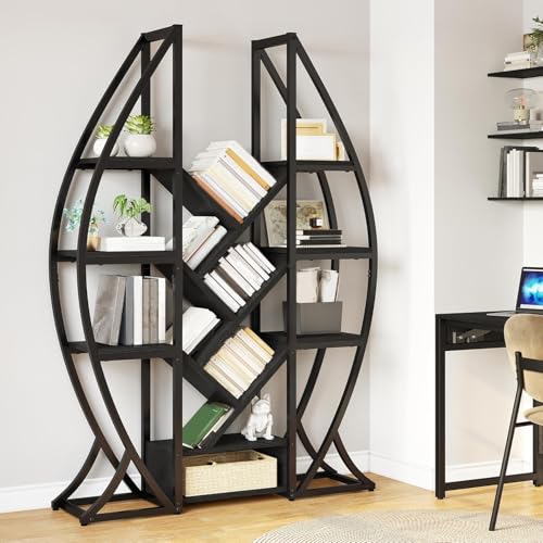DWVO Oval Bookshelf, Triple Wide 5 Tier Etagere Bookcase, Industrial Display Shelves for Living Room, Bedroom, Home Office, Black