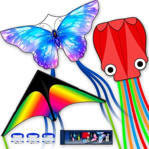 SGftre 3 Piece Set Butterfly Delta Octopus Kites for Kids and Adu...