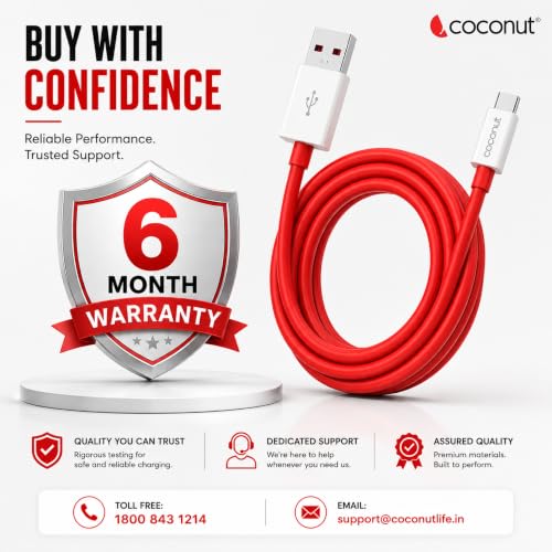 Image of coconut C1 USB to Type C Fast Charging Cable 65W, 1M Red, Dash /Warp /VOOC /SuperDart Support, USB C Cable for OnePlus, Realme, Oppo, Vivo, Android Fast Charger Data Sync Cable - 6 Months Warranty