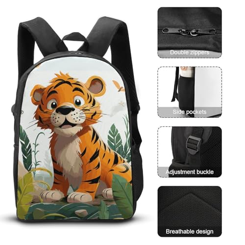 3 Piece Backpack for Women Men Lightweight Causal Daypack Shoulder Bag Set with Insulated Lunch Bag And Pencil Case Organizers Cartoon Tiger3