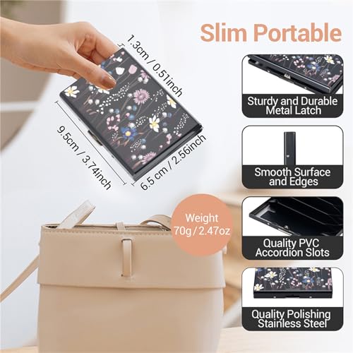 RFID Blocking Credit Card Holder, Slim Metal Credit Card Wallet, with 6 Separate Card Slots, for Women and Men.(6 Slots/Black/Flower)4