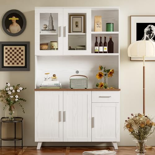 Armario Alto con Puertas cajones almacenaje Abierto aparador para Cocina salón Comedor Oficina armarios de almacenaje 114x40x190 cm Madera taquilla Blanco