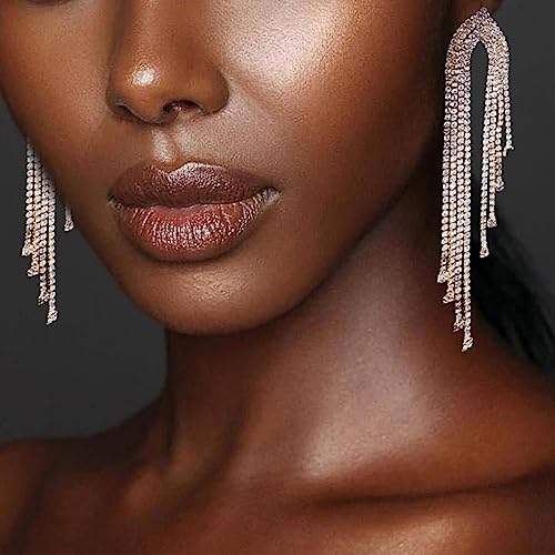 Yokawe Zinc Tassel Dangle Drop Earrings Gold Sparkly Rhinestone Earrings Boho Statement Long Chain Crystal Chandelier Earring Wedding Hook Ear Jewelry For Women And Teen Girl #TOP1