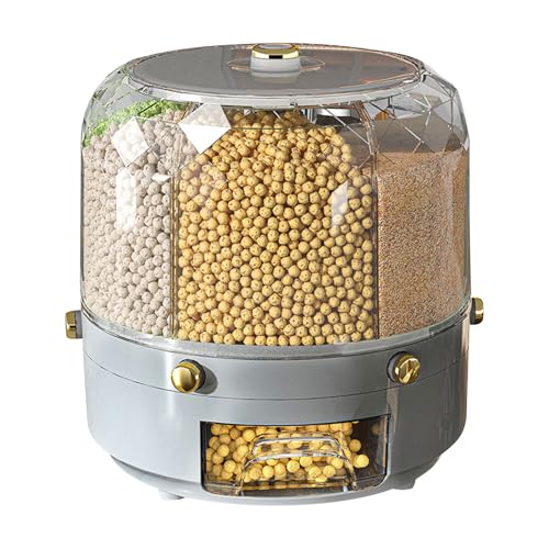 Natudeco Grain Storage Container Rotatable Rice Dispenser Box 6 Grid Grain Dispenser 360 Degree Rotating Food Dispenser Cereal Dispenser Countertop for Beans Rice Grains(grey)