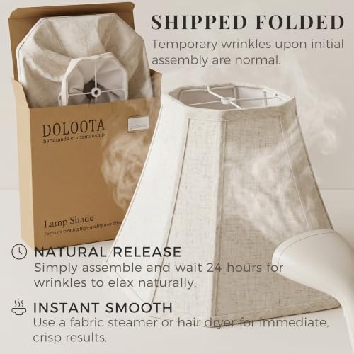 Image of Linen Fabric Lamp Shades Set of 2, Beige Medium 6.5 inch Top x 13 inch Bottom x 10.8 inch High, Square Cut-Corner Replacement Lampshades for Table Lamps, Spider Fitter, Warm Natural Decor, Harp Not Included