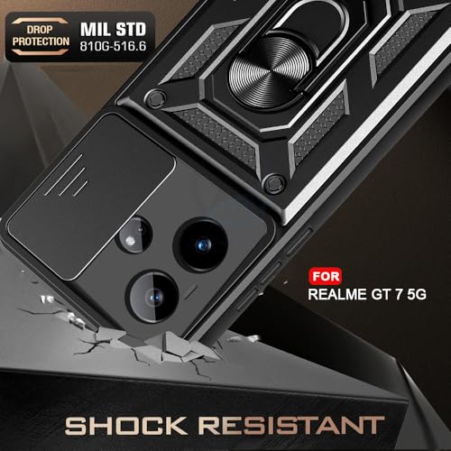 Image of AESTMO Tough Armor Realme GT 7 5G / Realme GT 7T 5G / GT 7 Dream Edition Bumper Back Case Cover | Ring Holder & Sliding Camera Shield Cover | 360 Degree Protection Back Case Cover (Black)