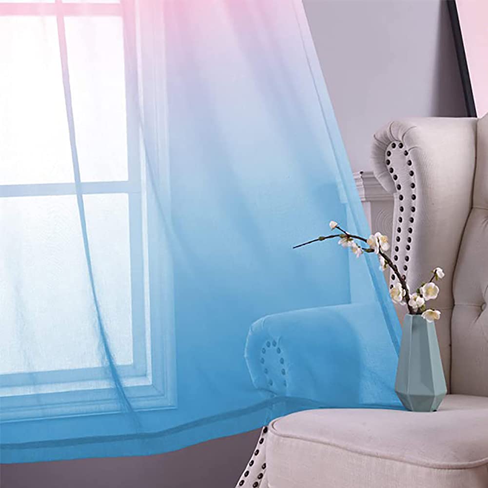 2 Stück Vorhang Gardinen Gardinenschals Transparent Sheer Voile Vorhang Durchsichtig Fensterschal für Wohnzimmer Schlafzimmer Blau Lila (mit Kräuselband) 132x213cm
